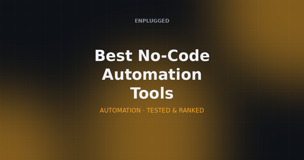 Six no-code automation tool logos arranged around a workflow diagram