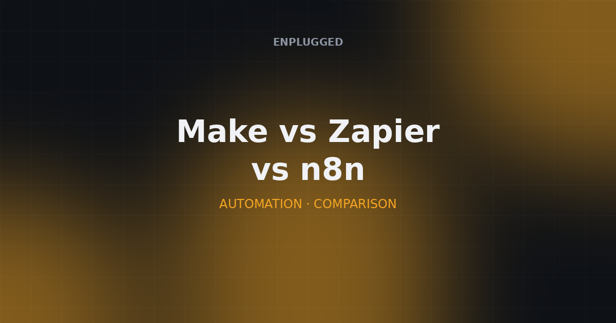 Zapier, Make, and n8n logos connected by workflow arrows on a comparison chart
