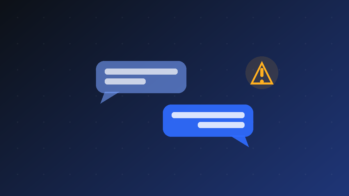 Abstract illustration of two chat bubbles with a warning triangle representing the Samsung Messages keeps stopping error
