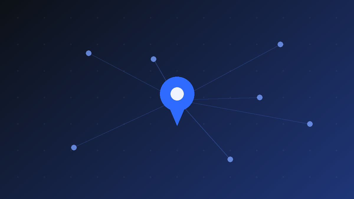 Abstract illustration of a location pin connected to a network of nodes representing the iPhone Find My network and the searchpartyd process