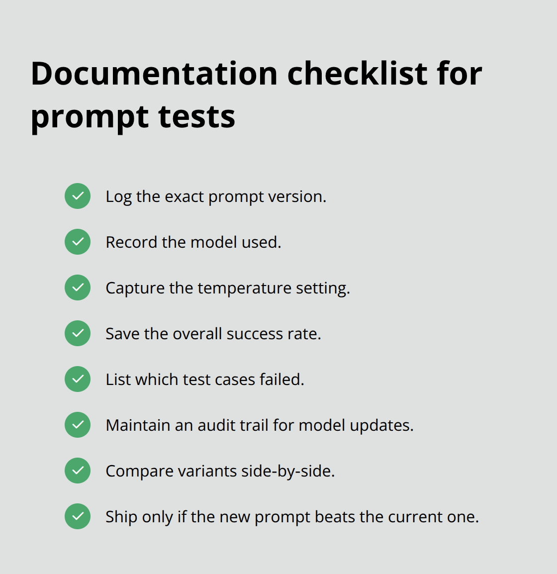 Checklist of what to record after each prompt testing run - prompt testing methodologies